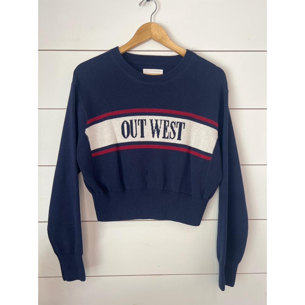 Aerie Out West Americana Sweater Navy Blue preppy Graphic Pullover XS